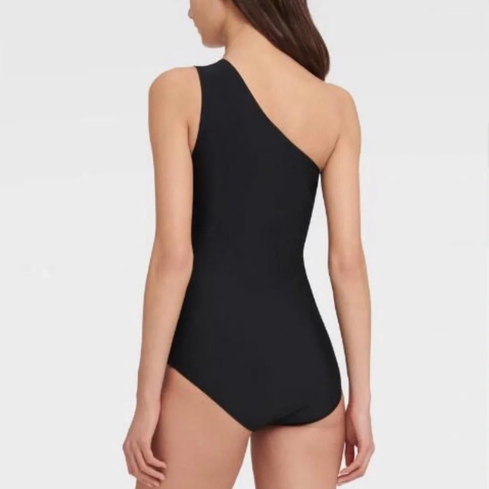 DKNY One Shoulder One Piece Swimsuit Size 10 Black White Colorblock Stripe - Picture 15 of 15
